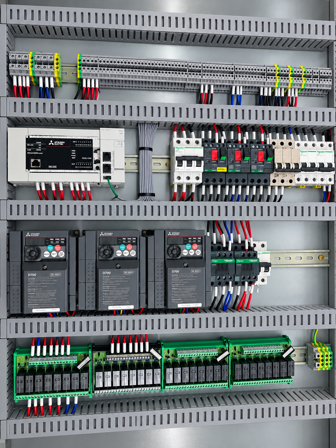 Wired control cabinet with a Mitsubishi PLC, circuit breakers, three D700 drives and relay boards