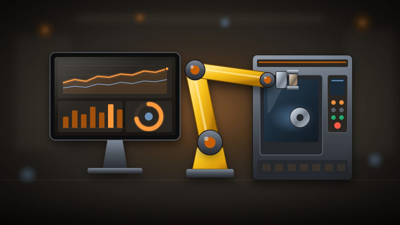 Illustration of a production dashboard on a monitor beside a yellow robot arm loading a part into a CNC machine