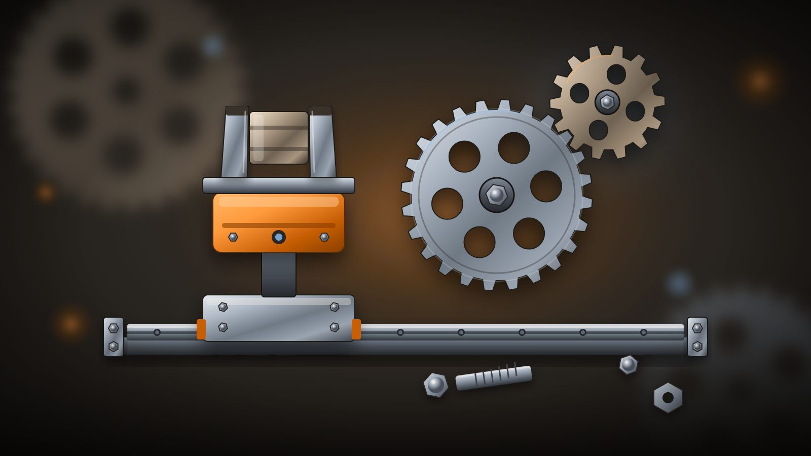 Illustration of interlocking steel gears, a linear guide rail with its carriage and a parallel-jaw robot gripper holding a machined part